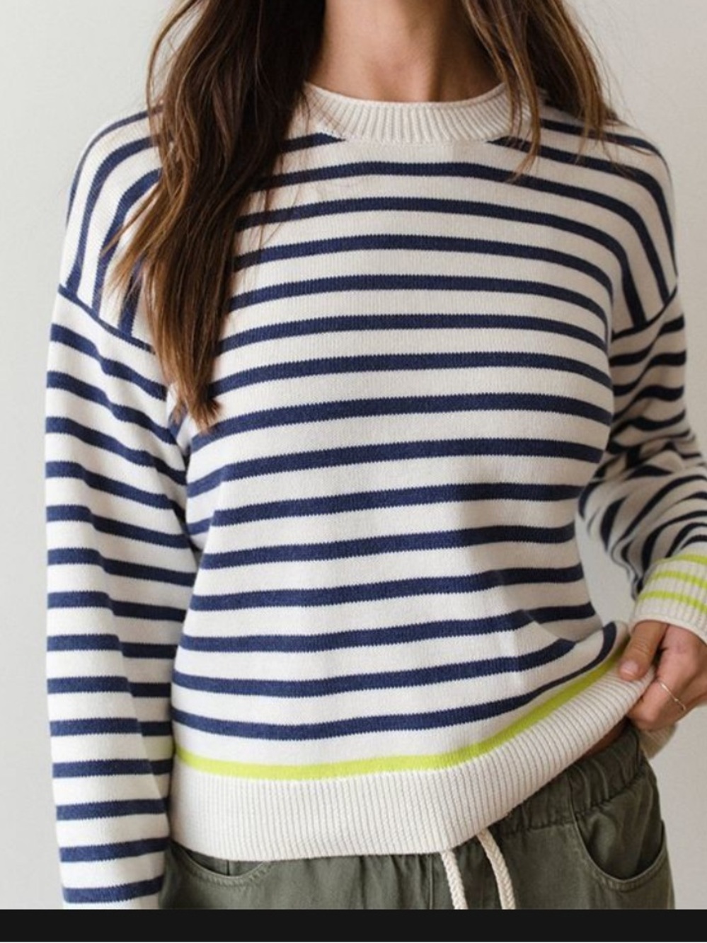 Marine Layer cotton striped Navy White Crewneck Sweater with Lime Accent size M